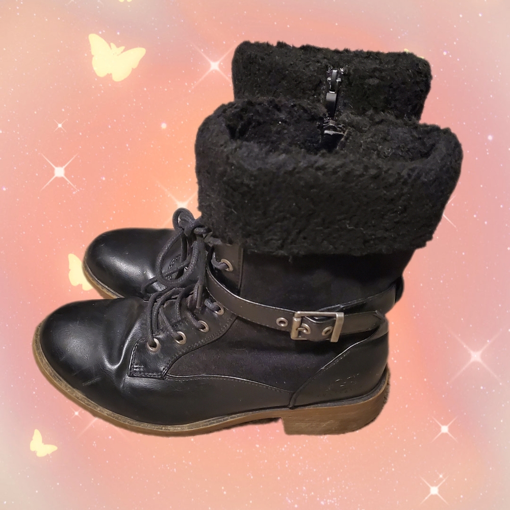 UGG Black Lace-Up Boots with Fur Trim